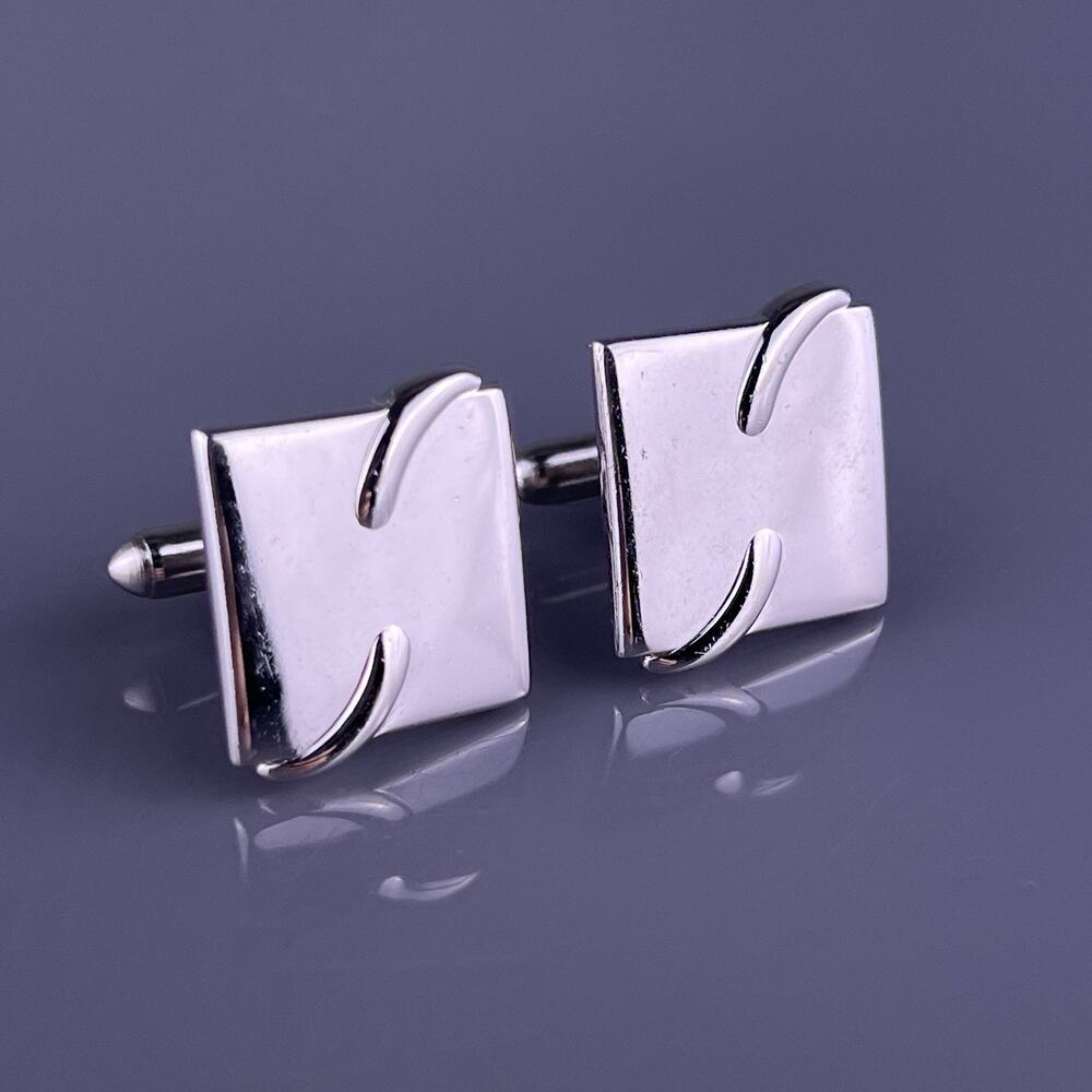 Simple Arc Stylized S Cufflinks Silver Tone Initial Plain Polished Swank Vintage